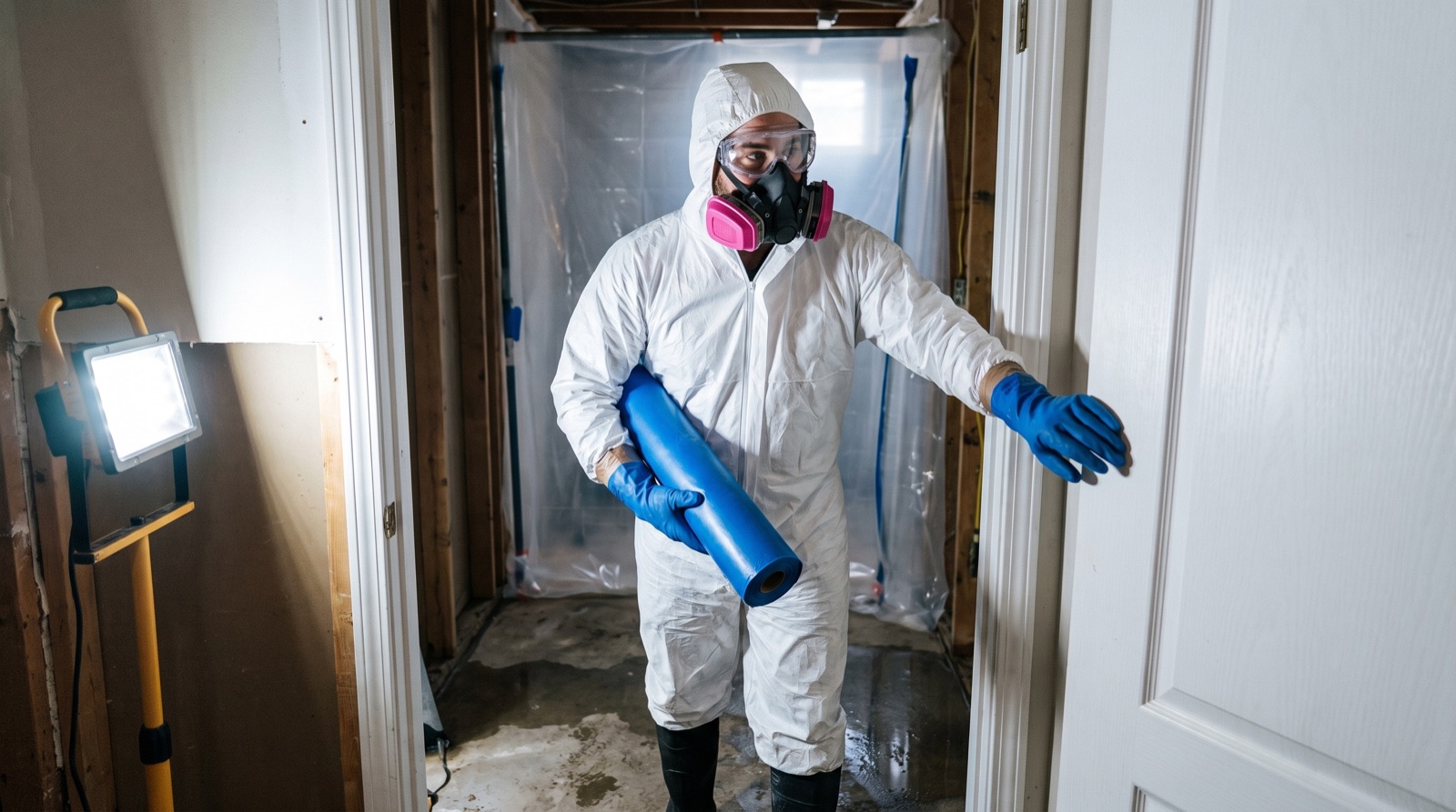Mold remediation worker preparing containment in an affected room