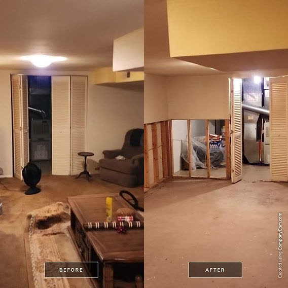 Illustrative view of a damaged room and a repaired room